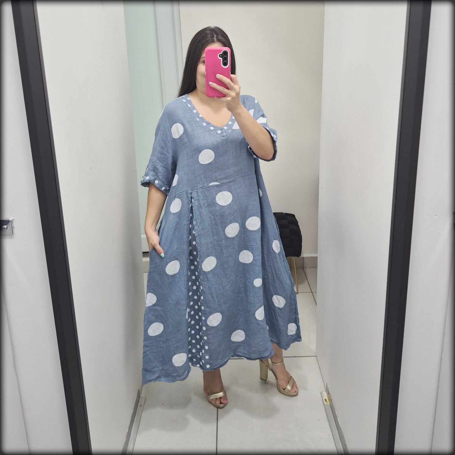 Vestido Largo 100% Lino Made In Italy Polkadot