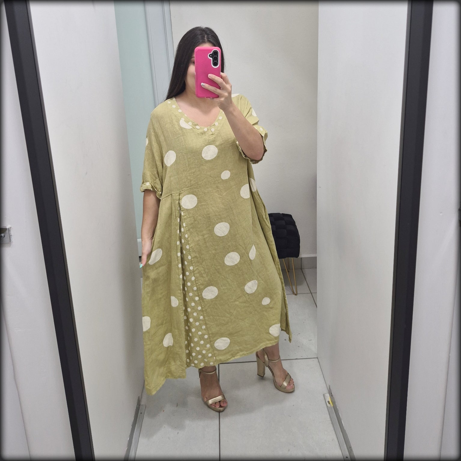 Vestido Largo 100% Lino Made In Italy Polkadot