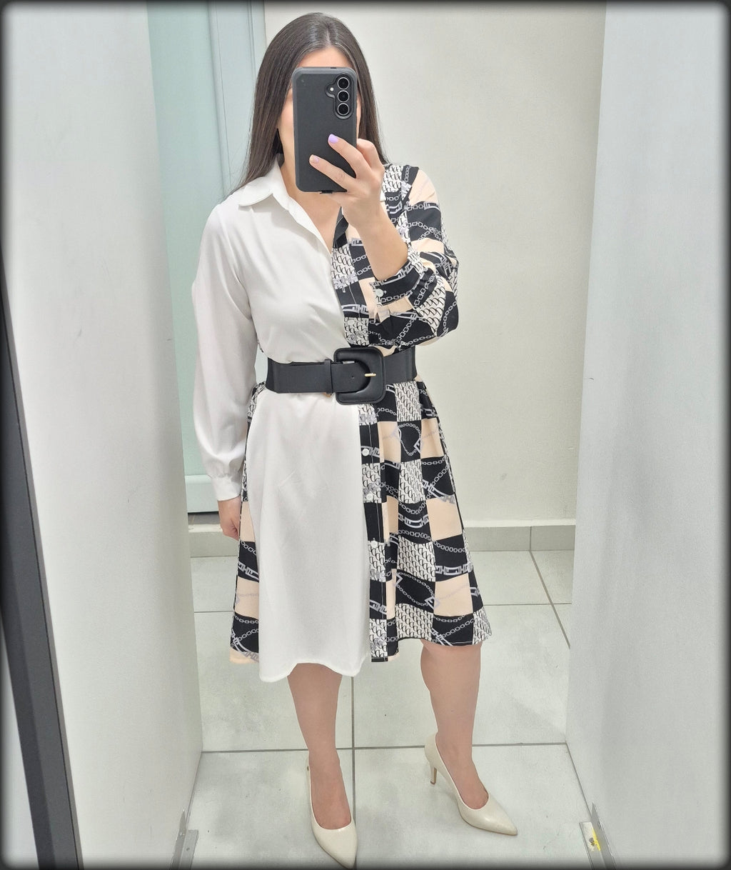 VESTIDO BLANCO ESTAMPADO NEGRO CREMA