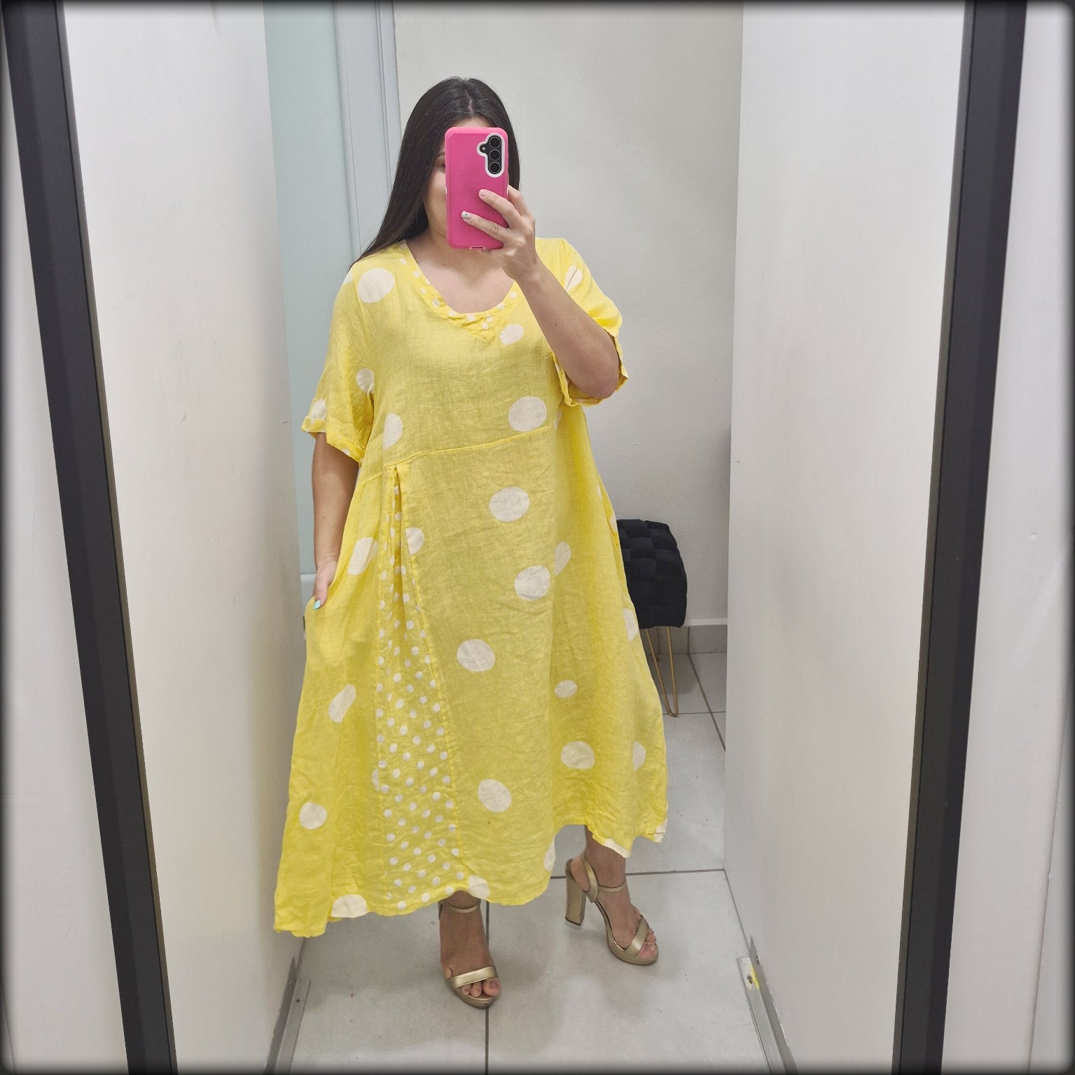 Vestido Largo 100% Lino Made In Italy Polkadot