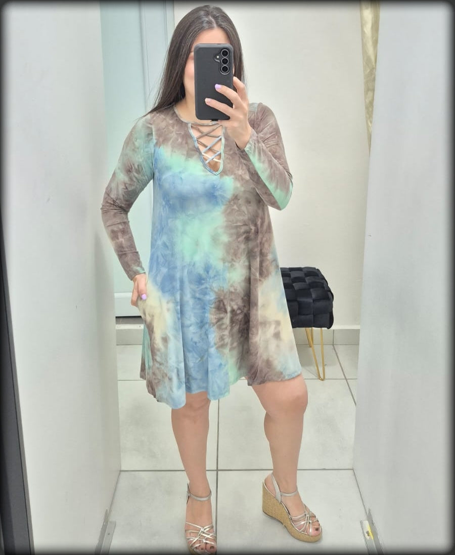 Vestido Corto Manga Larga Tie Dye Azul Gris
