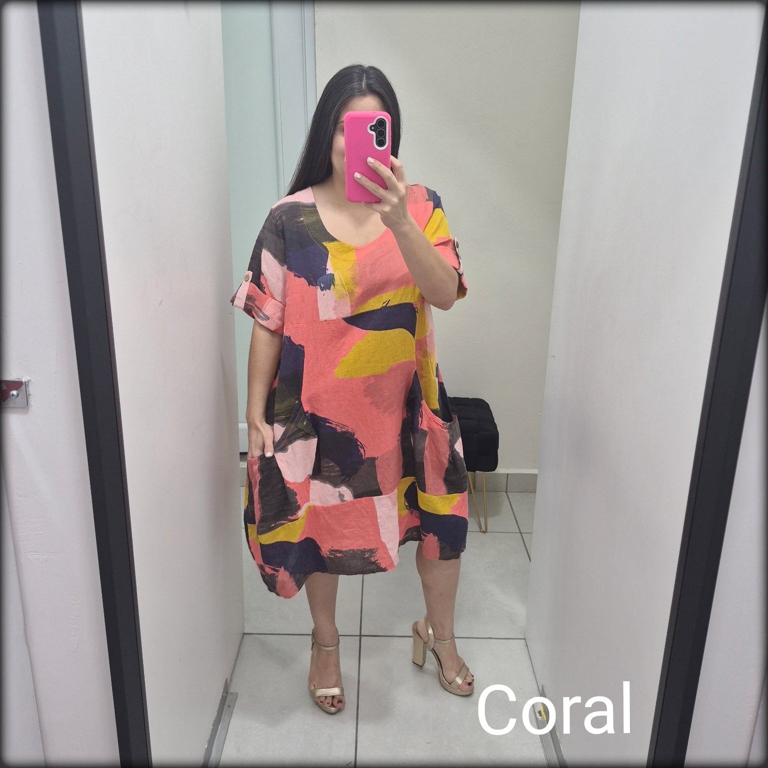 Vestido Corto Estampado Made In Italy 100% Lino