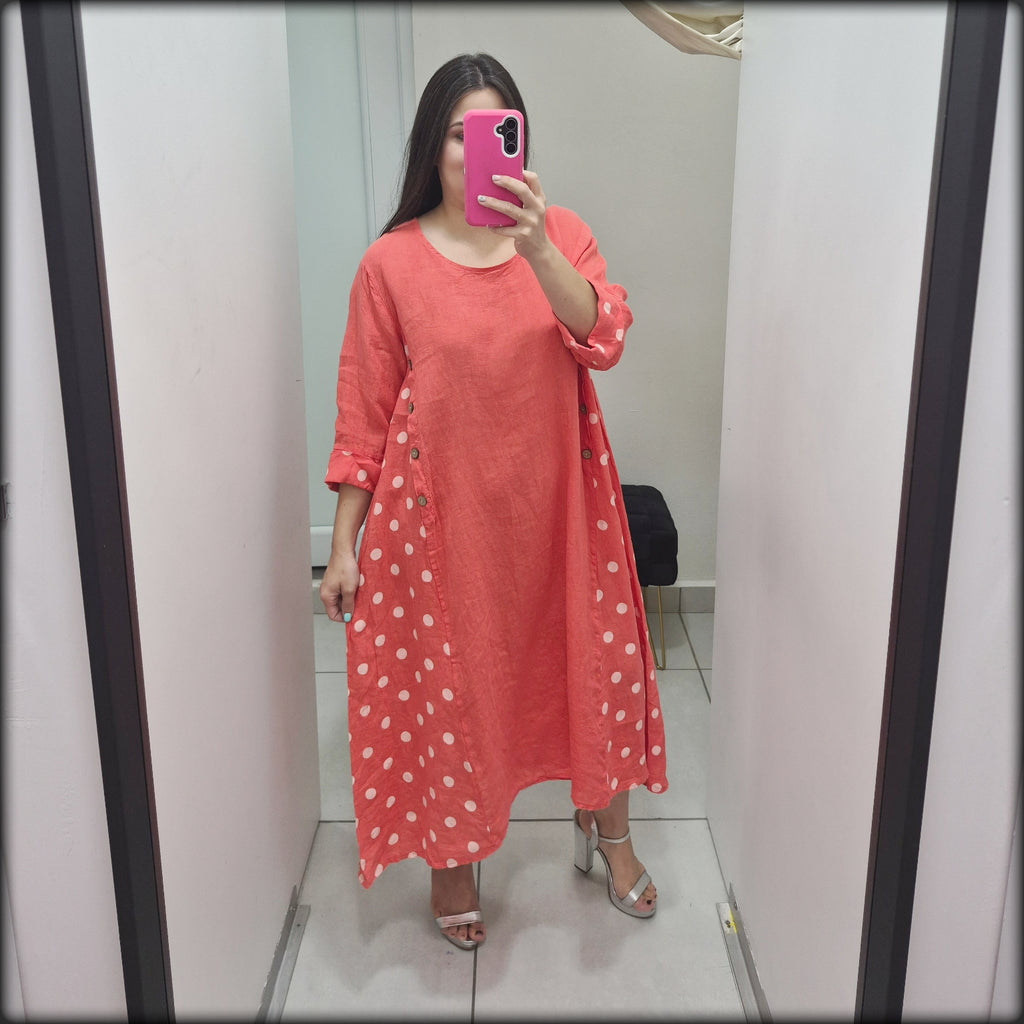 Vestido Largo Made In Italy 100% Lino Polkadot