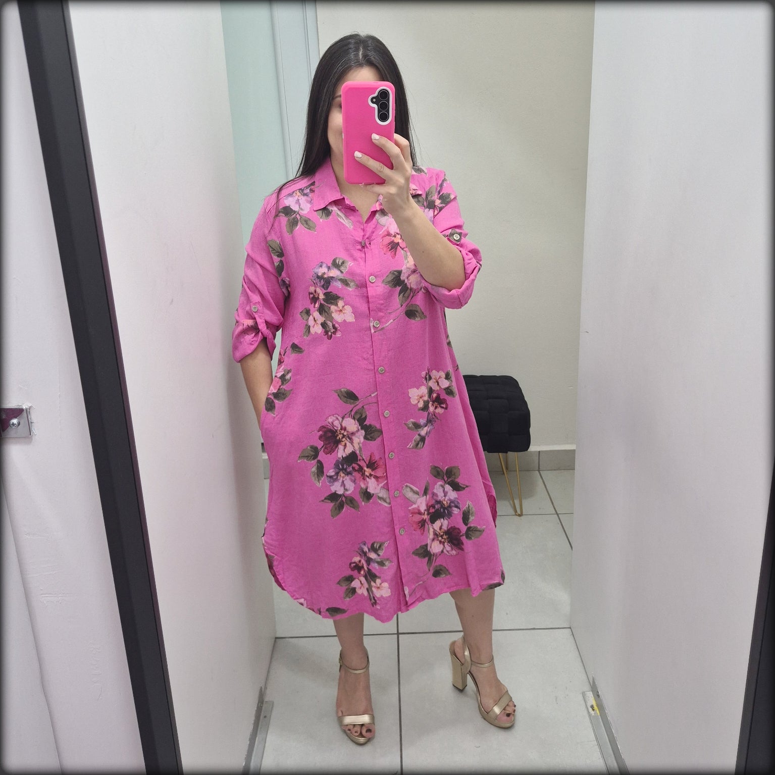 Vestido Camisero Corto Made In Italy 100% Lino Estampado Floral