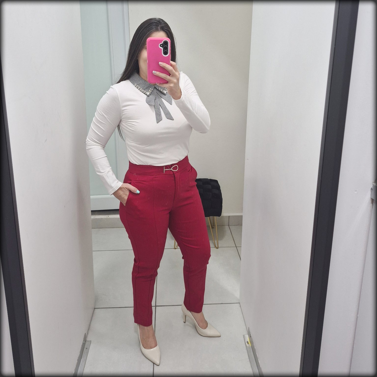 Blusa Manga Larga Blanca Lazo Negro