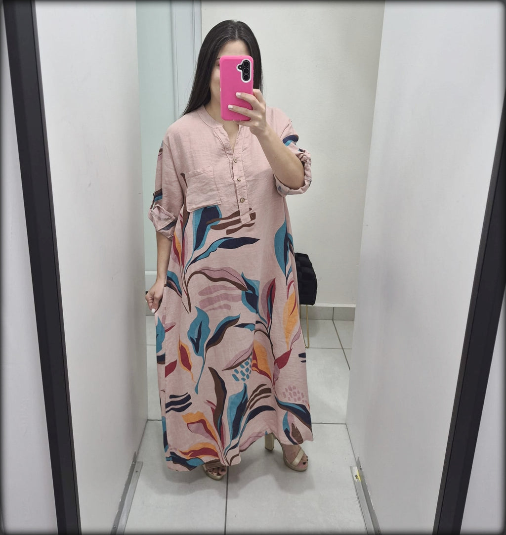 Vestido Largo Made In Italy Estampado hojas 100% Lino