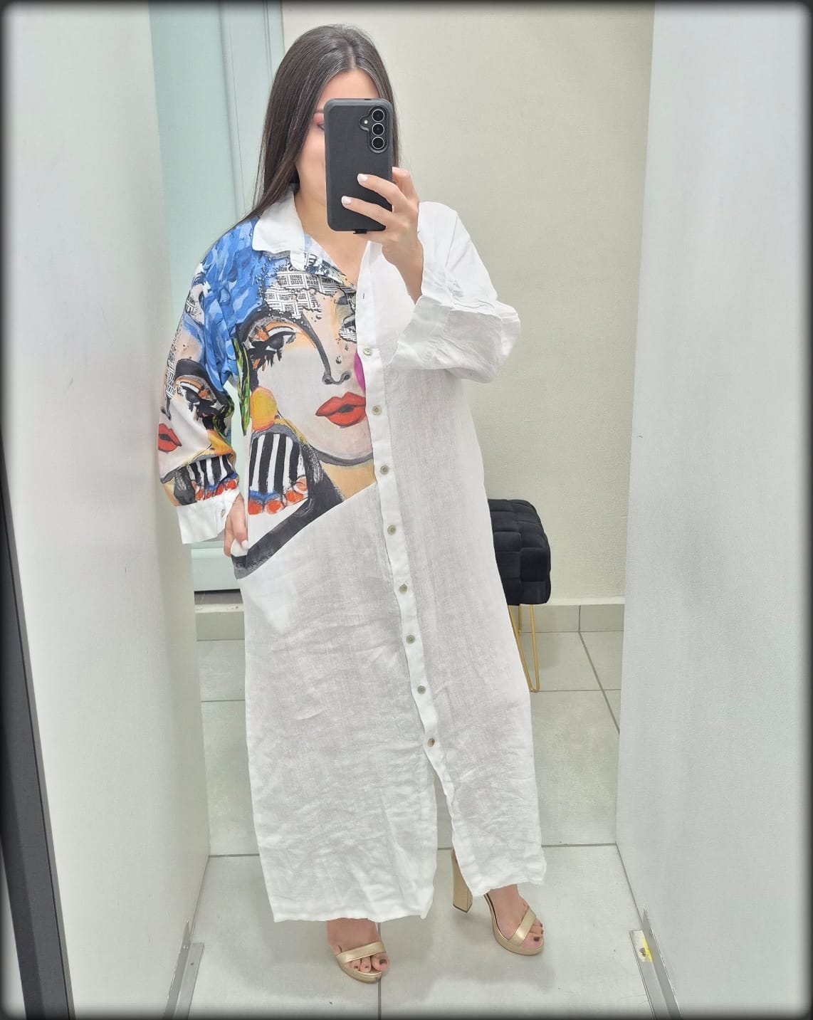 Vestido Largo Made In Italy 100% Lino Estampado