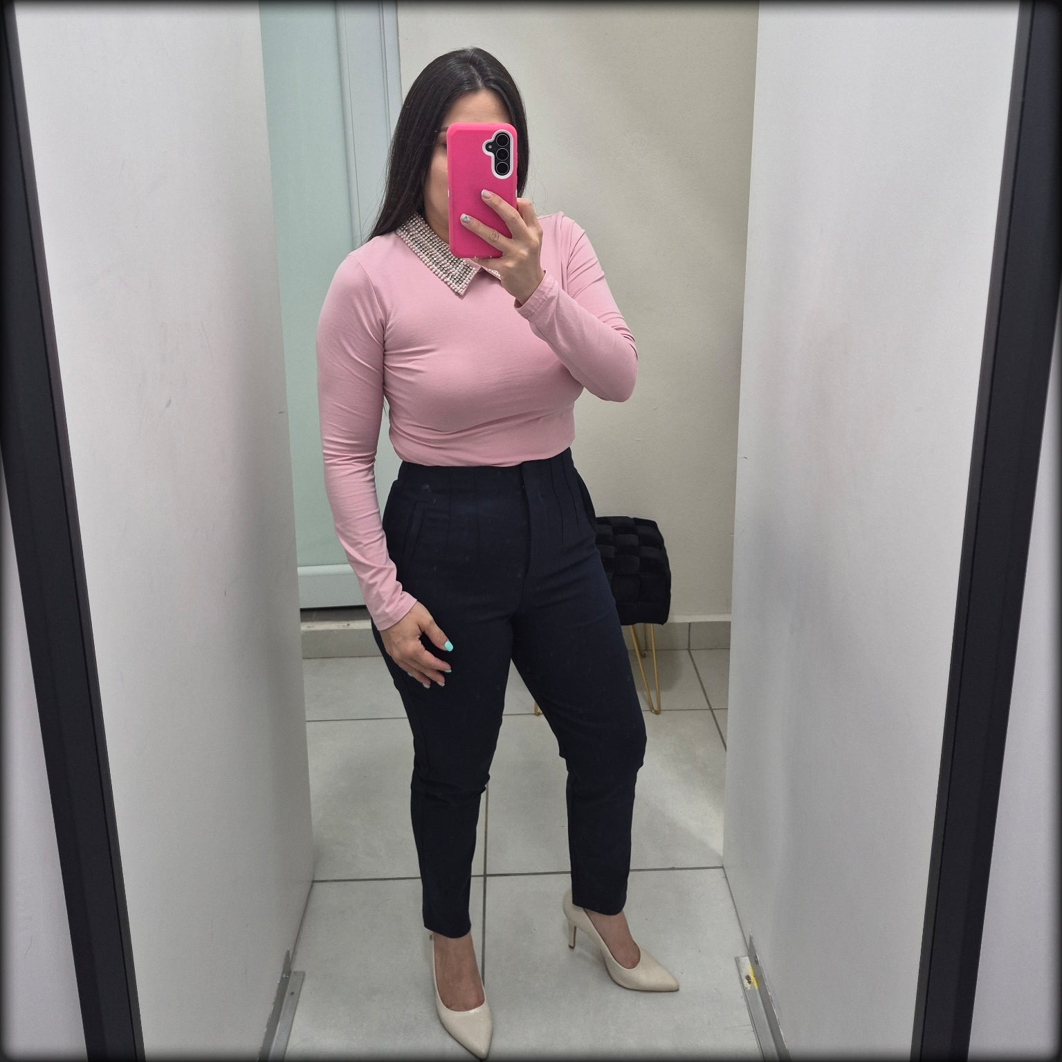 BLUSA MANGA LARGA ROSA RHINESTONE Y PERLAS