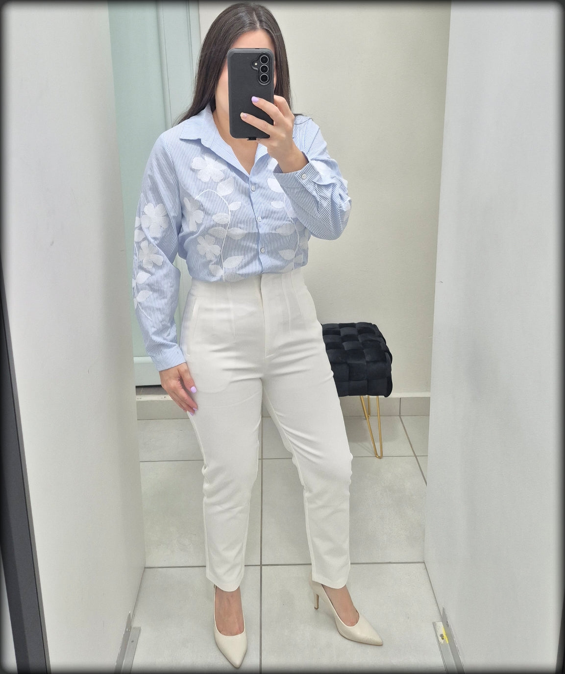 Blusa Manga Larga Azul Rayas Y Bordados Blanco