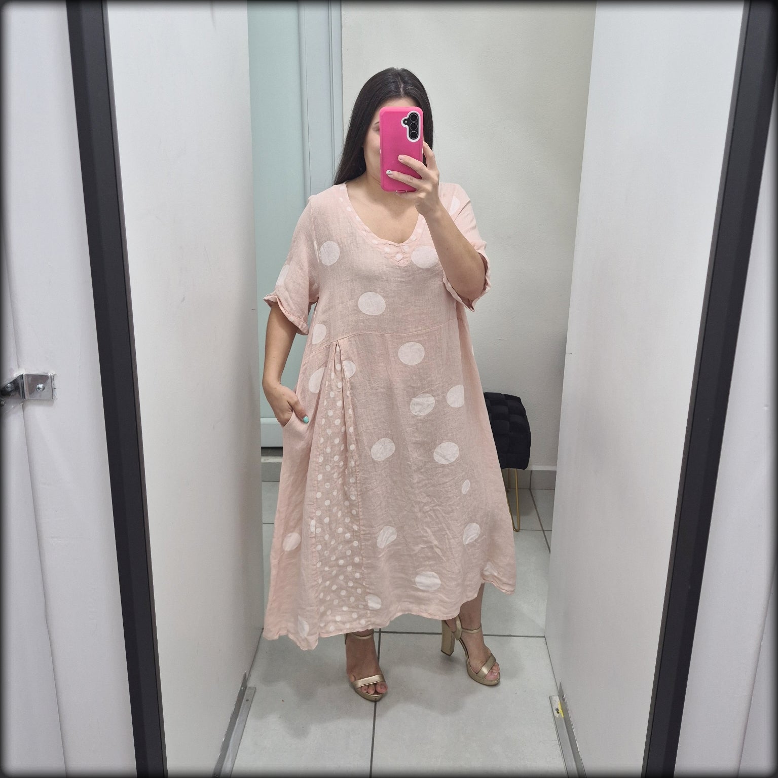 Vestido Largo 100% Lino Made In Italy Polkadot