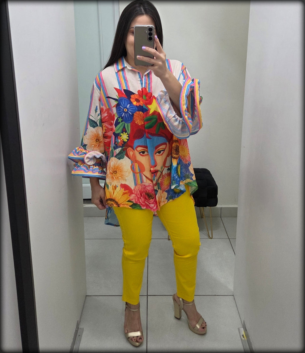 Blusa Made In Italy Estampado Frida Manga Volantes 80% Polyester 20% Lino