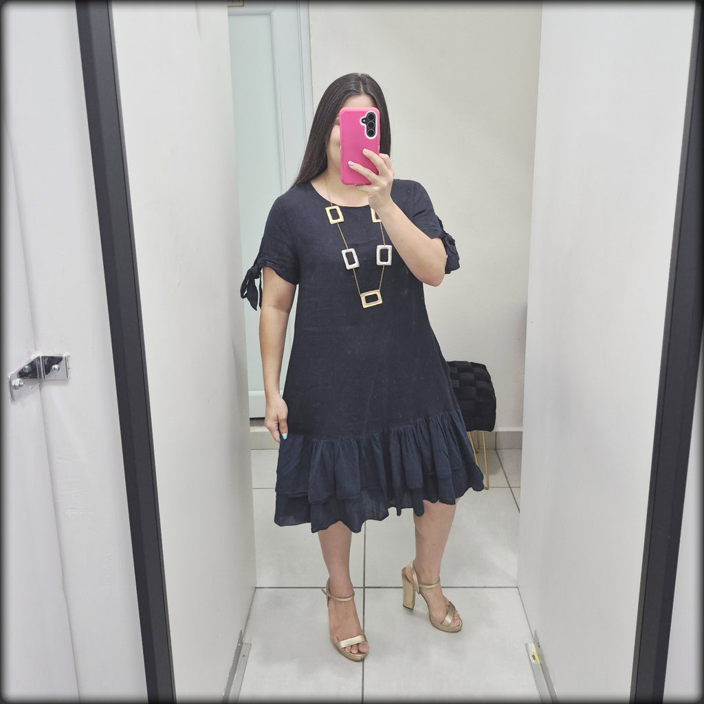 Vestido Corto 100% Lino Manga Corta Made In Italy