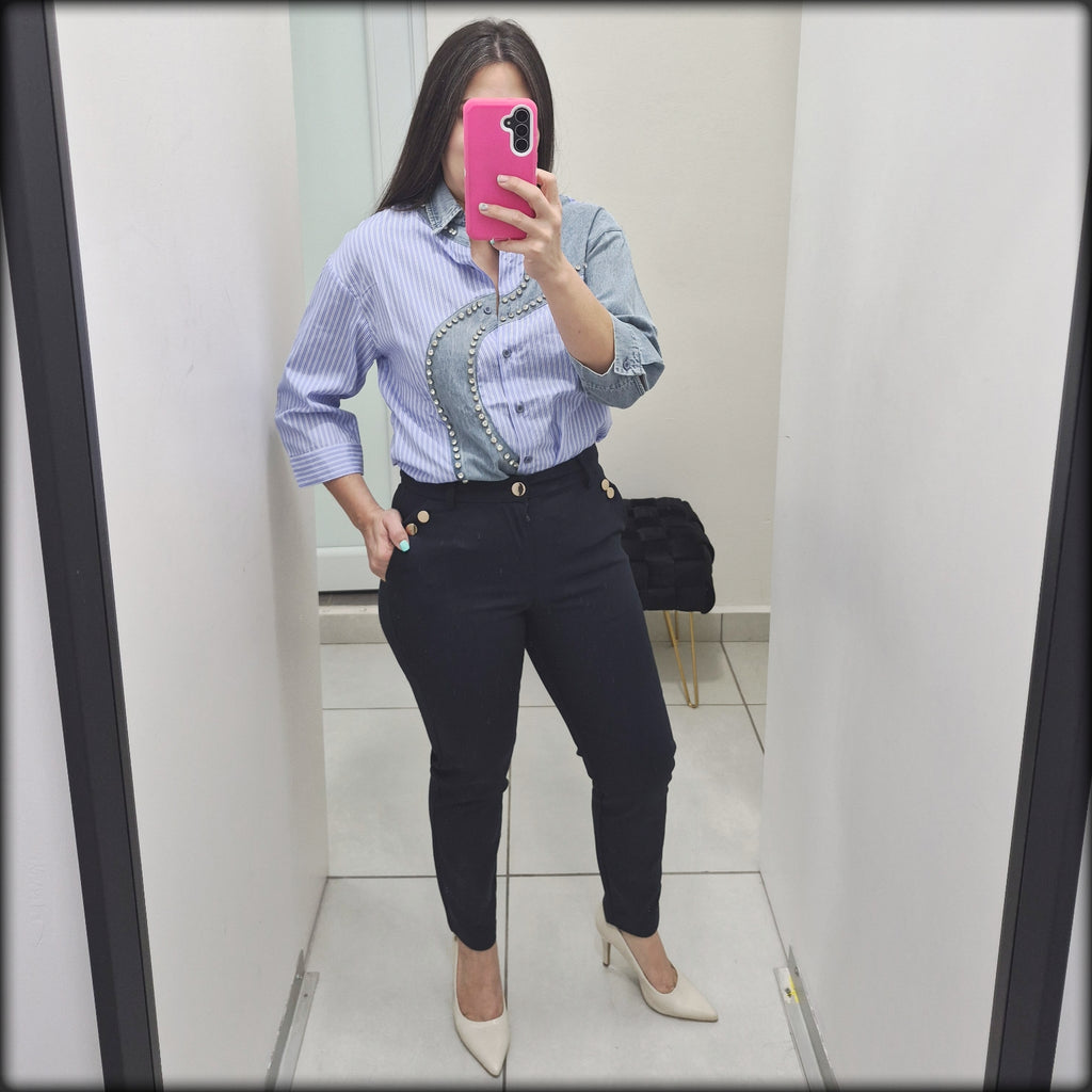 Blusa Manga 3/4 Denim Rhinestone