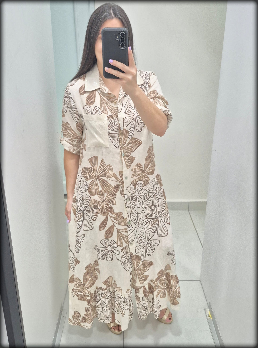 Vestido Largo Estampado Made In Italy 100% Lino
