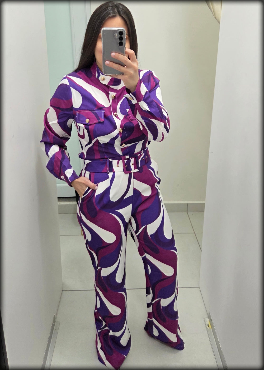 Set Pantalon y Blusa Manga Larga Estampado Violeta Magenta