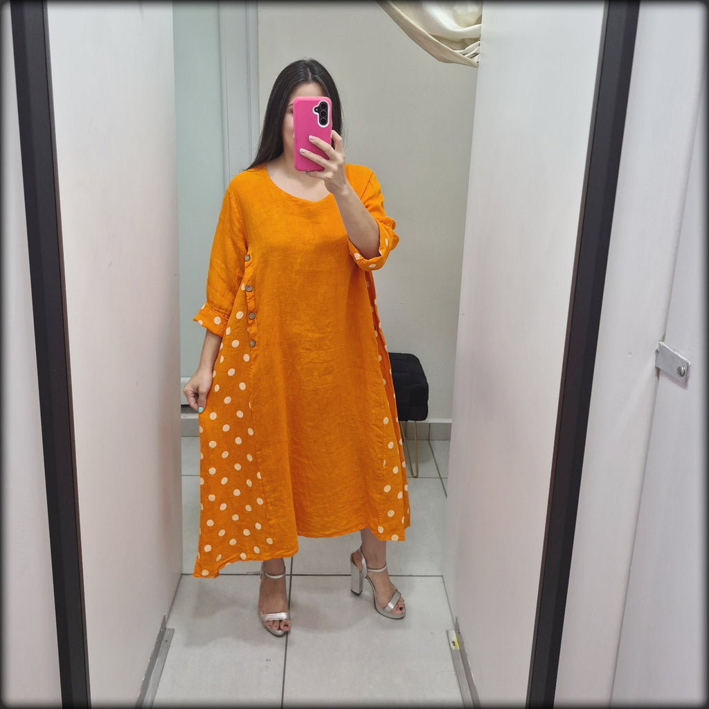 Vestido Largo Made In Italy 100% Lino Polkadot