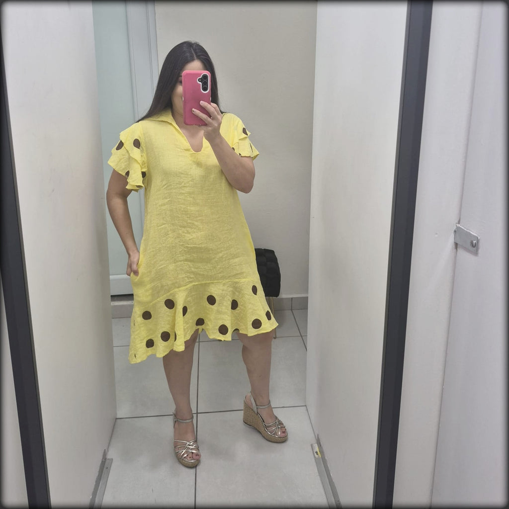 Vestido Corto Made In Italy 100% Lino Volantes PolkaDot