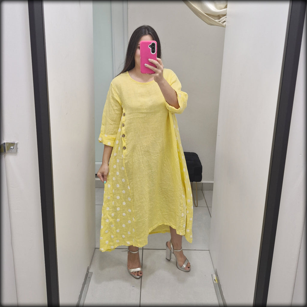 Vestido Largo Made In Italy 100% Lino Polkadot