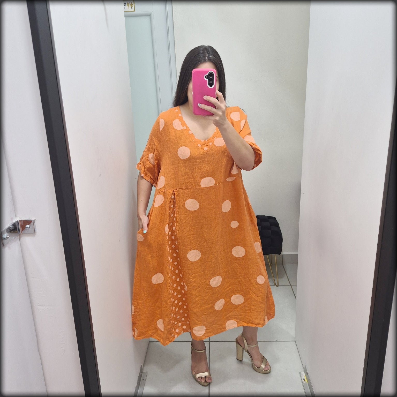 Vestido Largo 100% Lino Made In Italy Polkadot