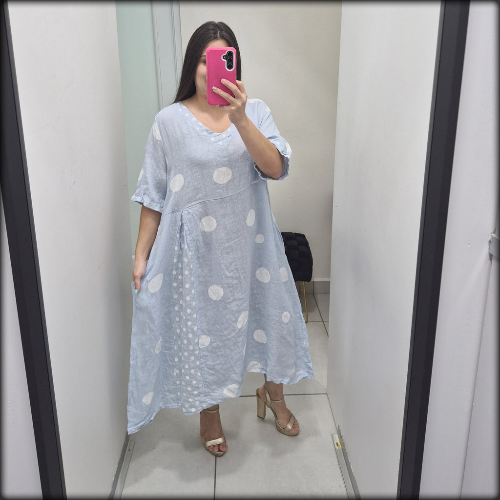 Vestido Largo 100% Lino Made In Italy Polkadot