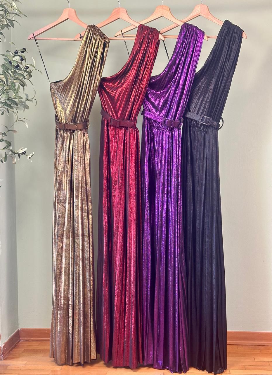 Vestido Largo Made In Italy Plisado One Shoulder 95% Polyester 5% Elastano