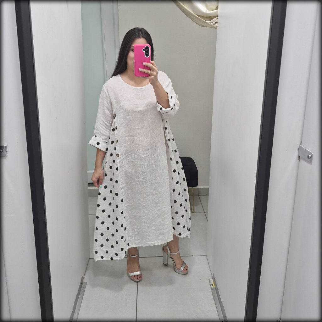 Vestido Largo Made In Italy 100% Lino Polkadot
