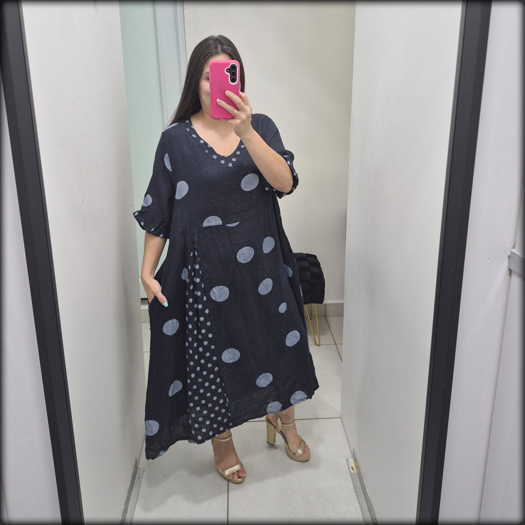 Vestido Largo 100% Lino Made In Italy Polkadot