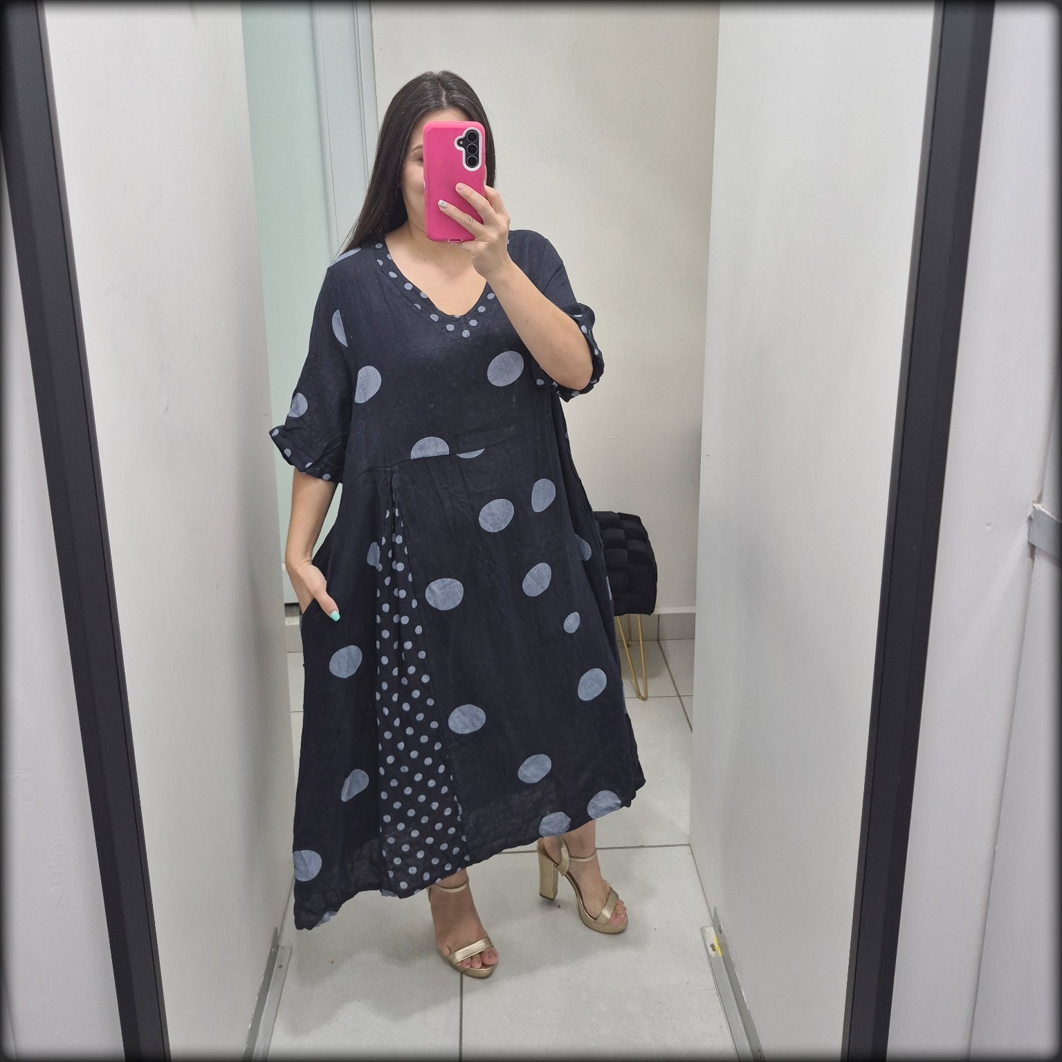 Vestido Largo 100% Lino Made In Italy Polkadot