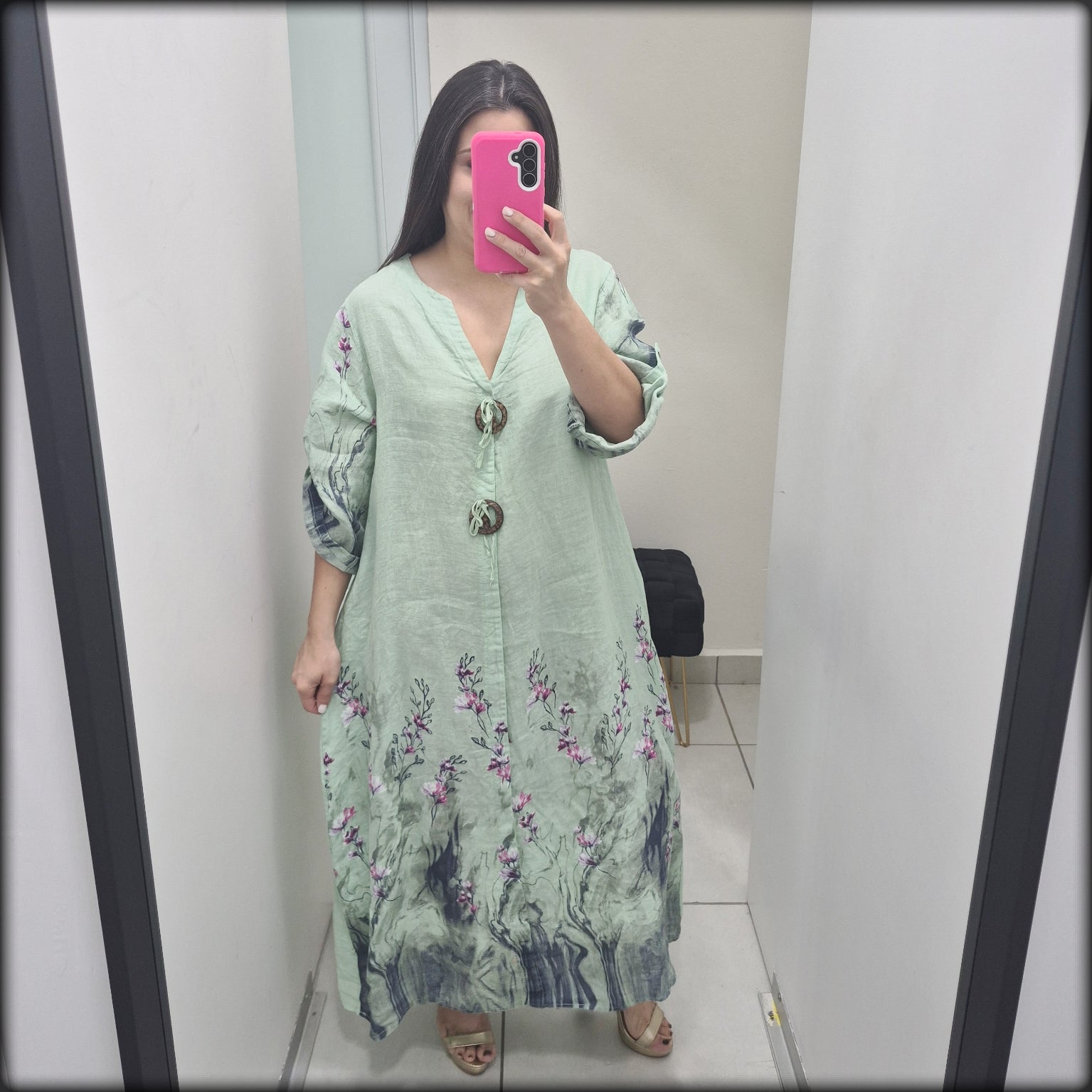 Vestido Largo Made In Italy 100% Lino Estampado