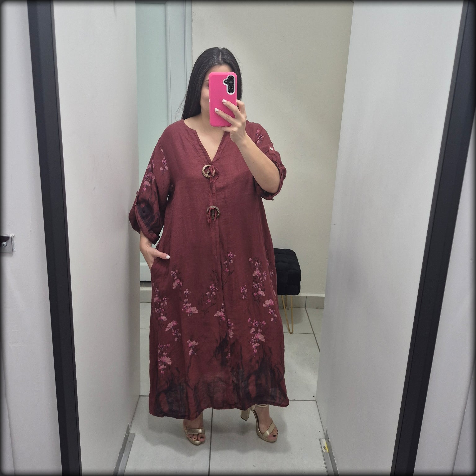 Vestido Largo Made In Italy 100% Lino Estampado