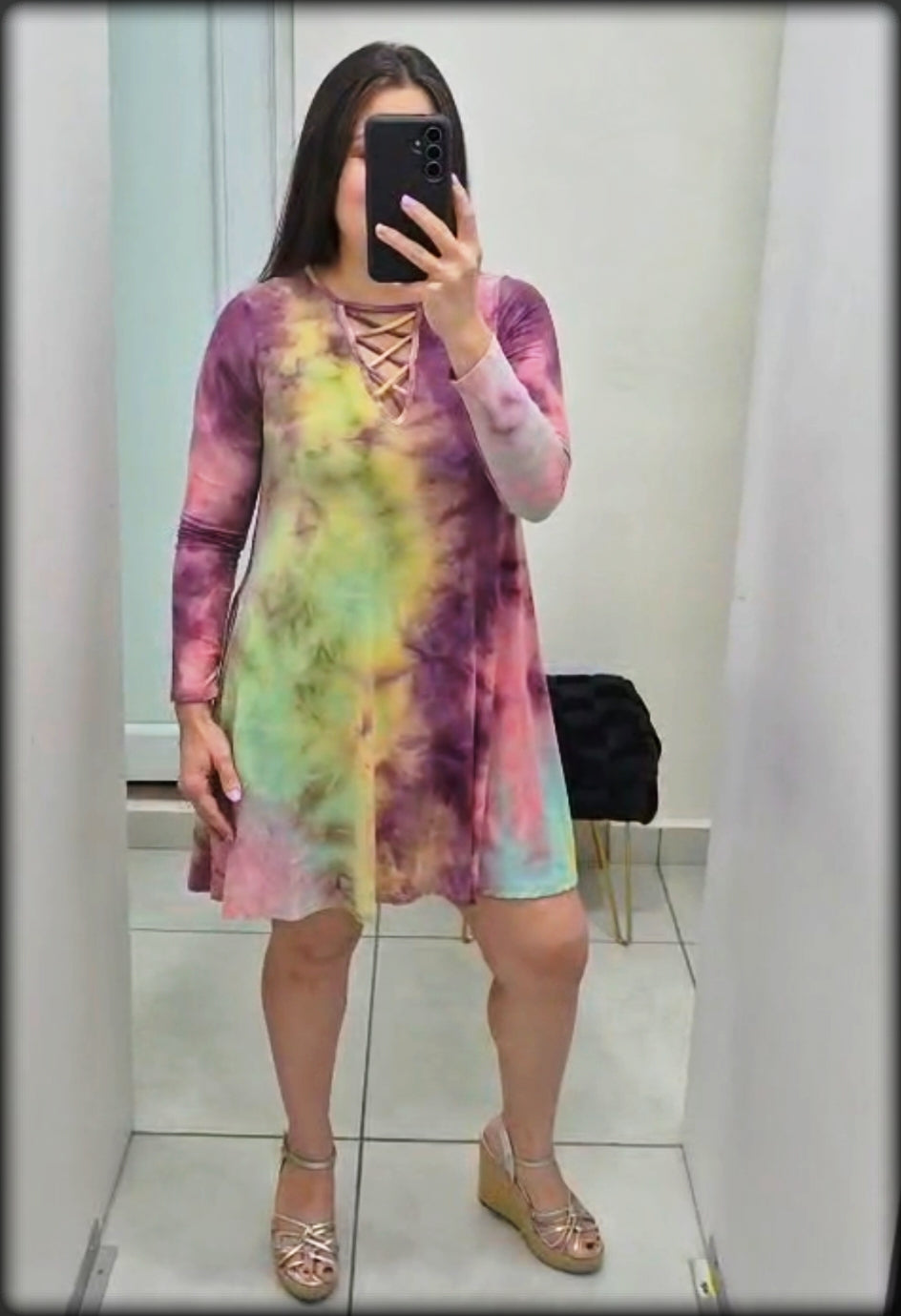 Vestido Corto Manga Larga Tie Dye Rosa