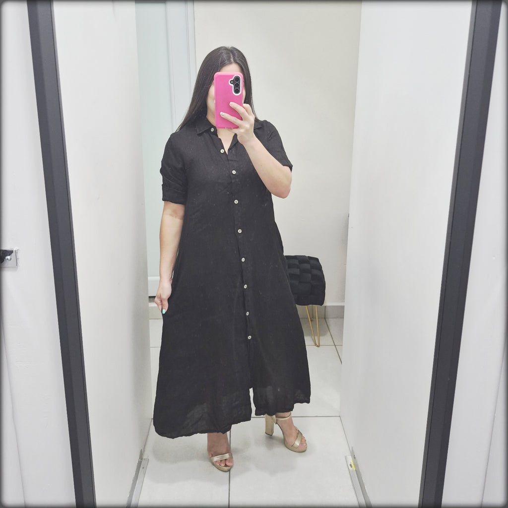 Vestido Largo Made In Italy 100% Lino Camisero