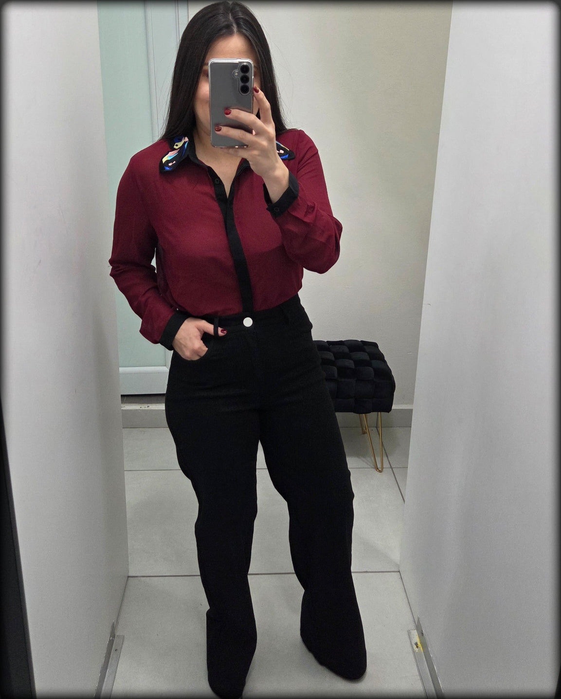 BLUSA MANGA LARGA VINO CUELLO NEGRO COLORES