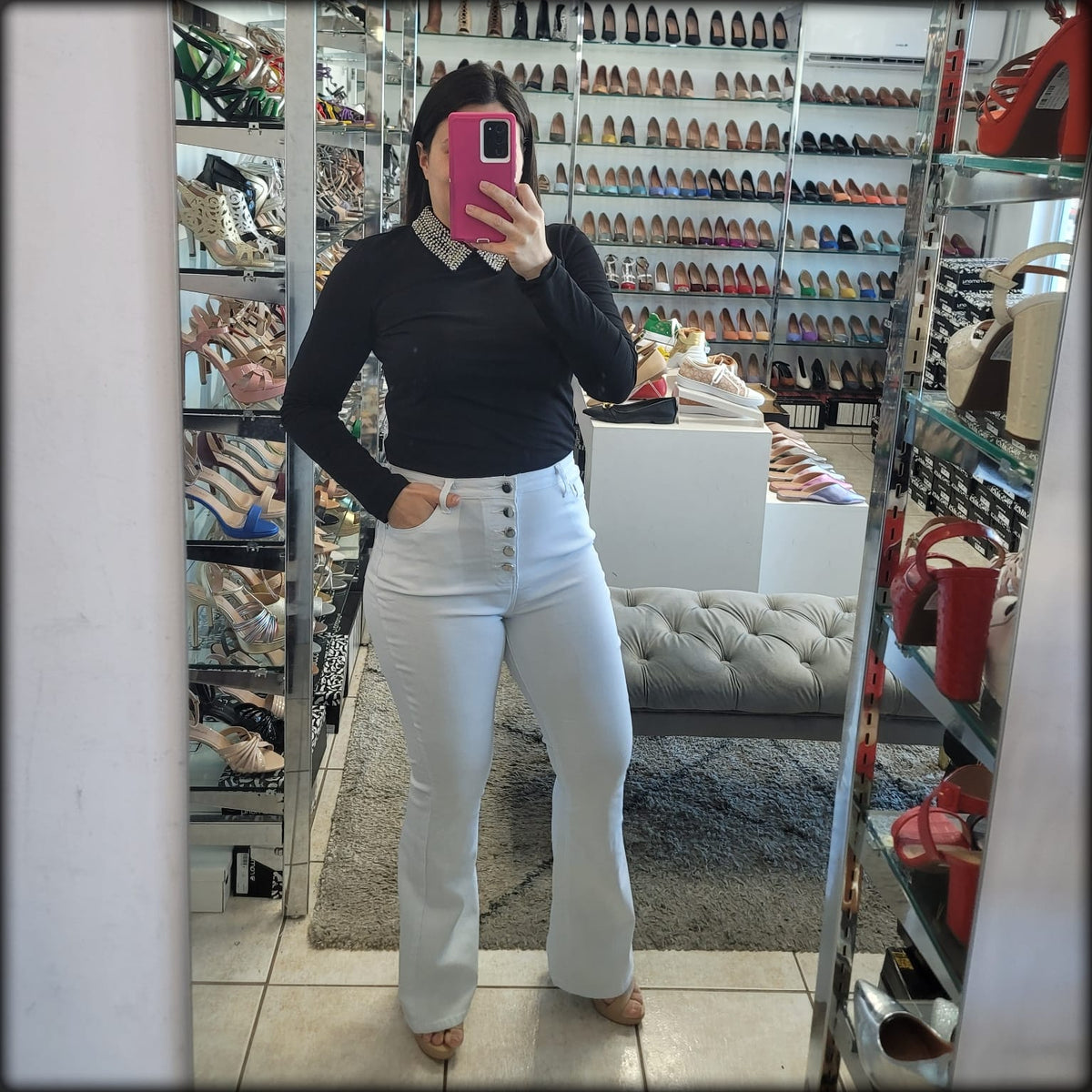 Blusa Manga Larga Negra Rhinestone Cuello