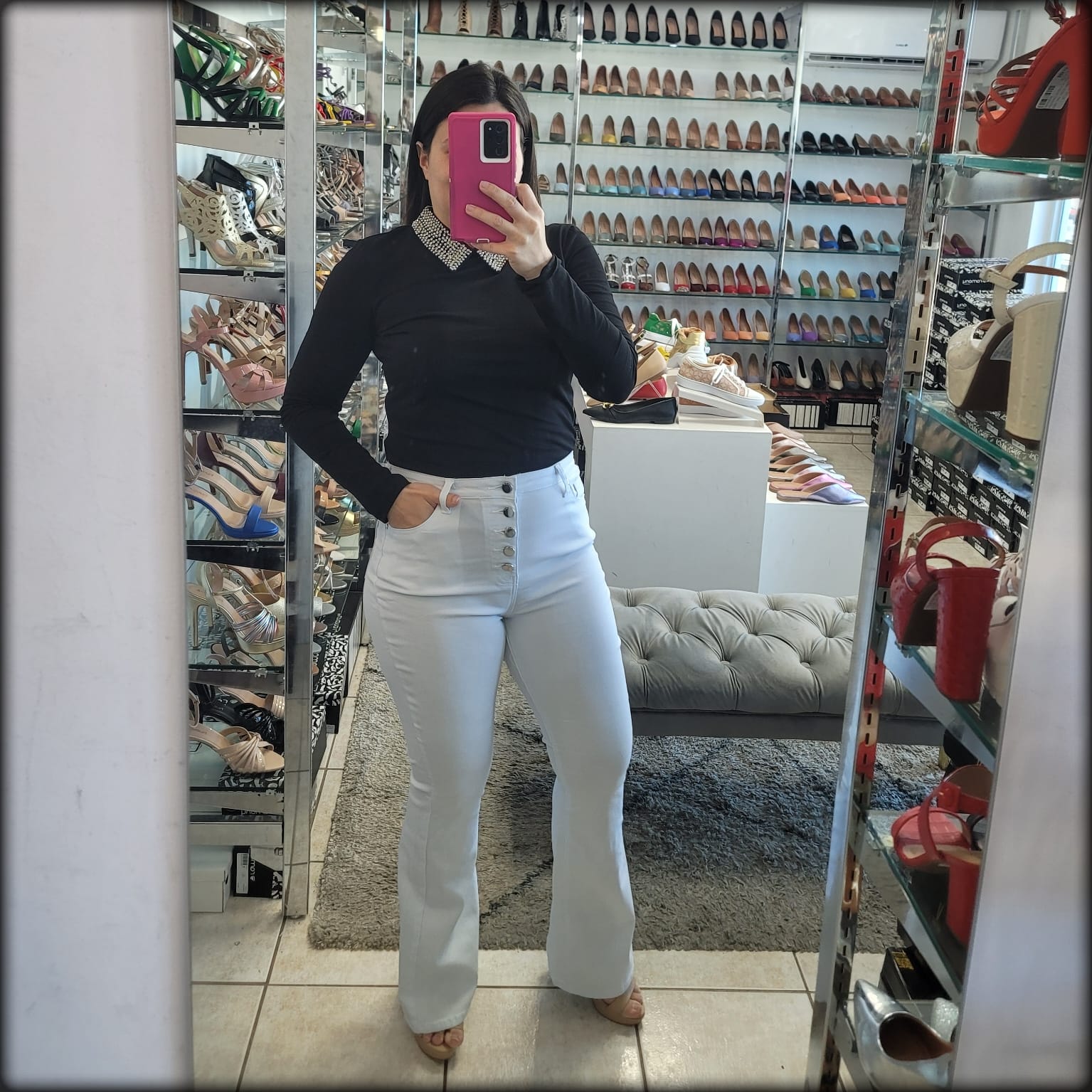 Blusa Manga Larga Negra Rhinestone Cuello