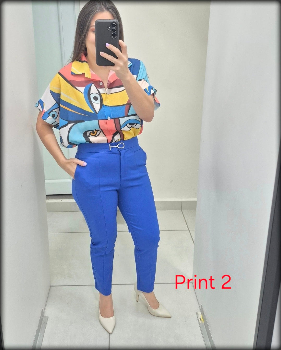 Blusa Estampada Made In Italy Manga Corta Botonos 50% Algodon 50% Polyester