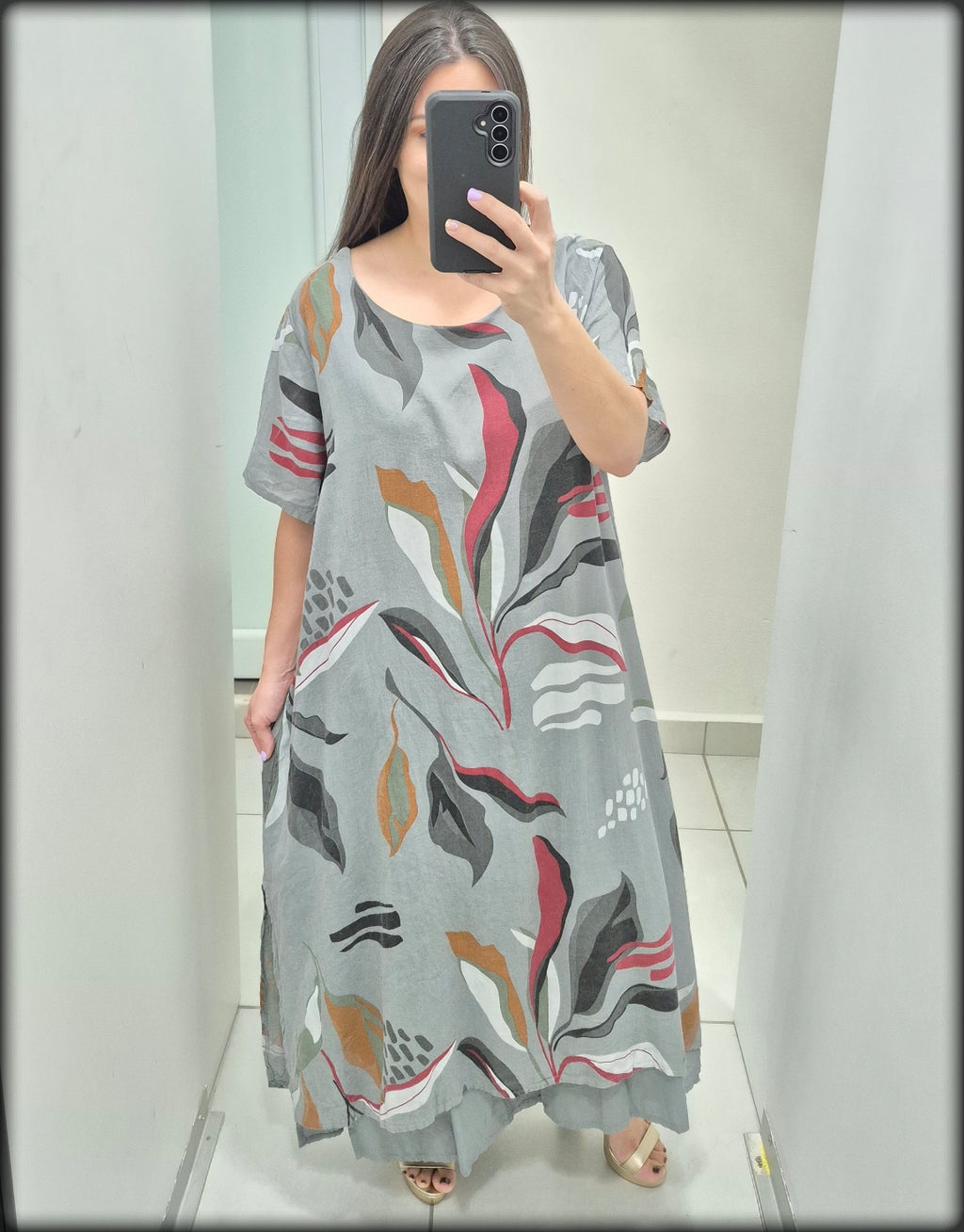 Vestido Largo Made In Italy Estampado hojas 100% Lino