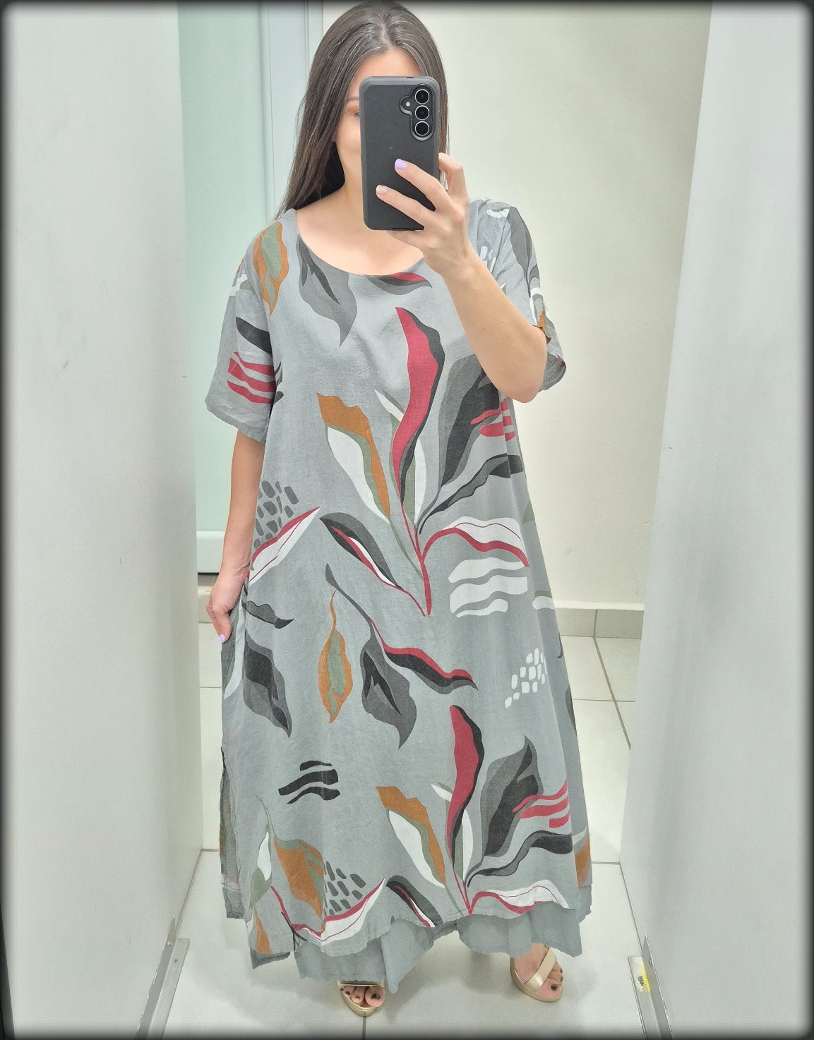 Vestido Largo Made In Italy Estampado hojas 100% Lino