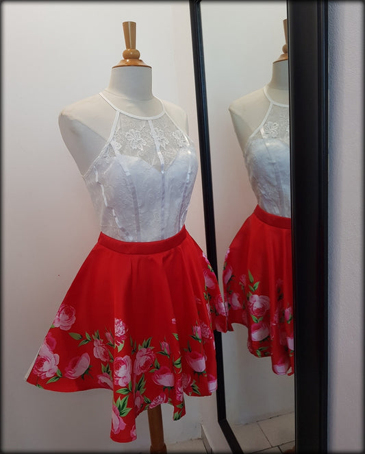 VESTIDO CORTO STRPLES BLANCO CON ROJO O ROYAL