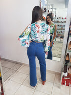 Crop Top Manga Larga Estampado Floral