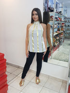 BLUSA HALTER BLANCA FRANJAS VERTICALES ORO