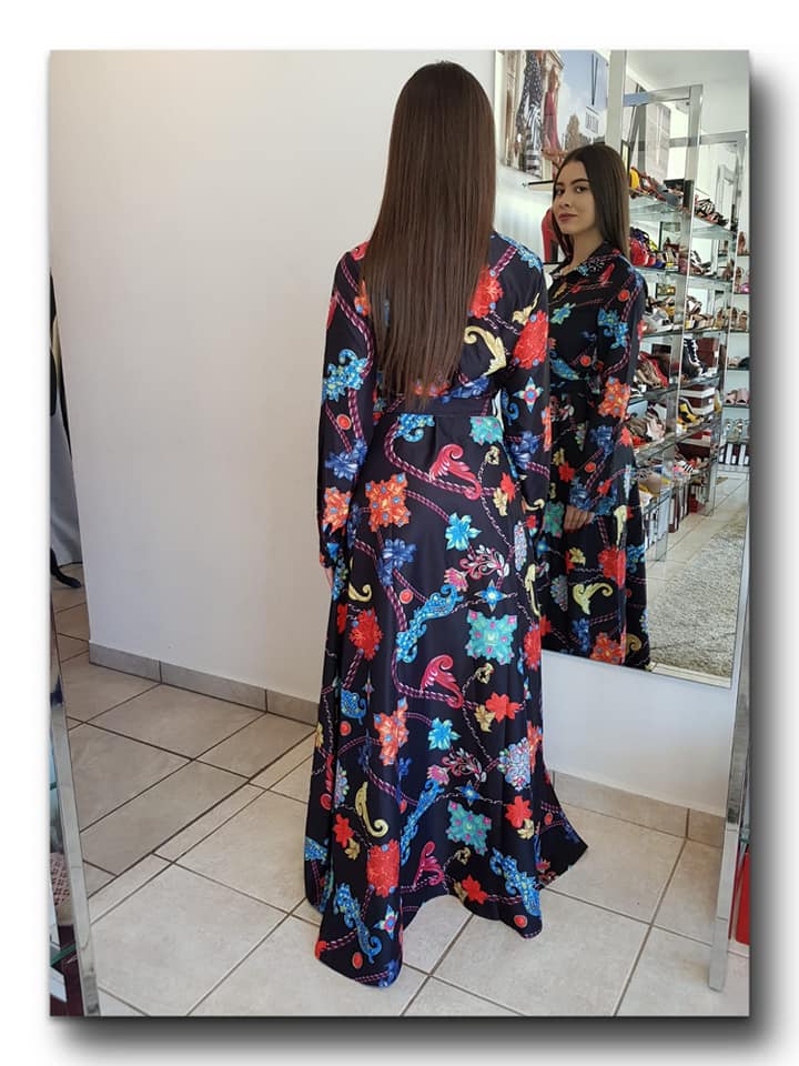 VESTIDO LARGO CON CUELLO EN GEMSTONE, MANGA LARGA