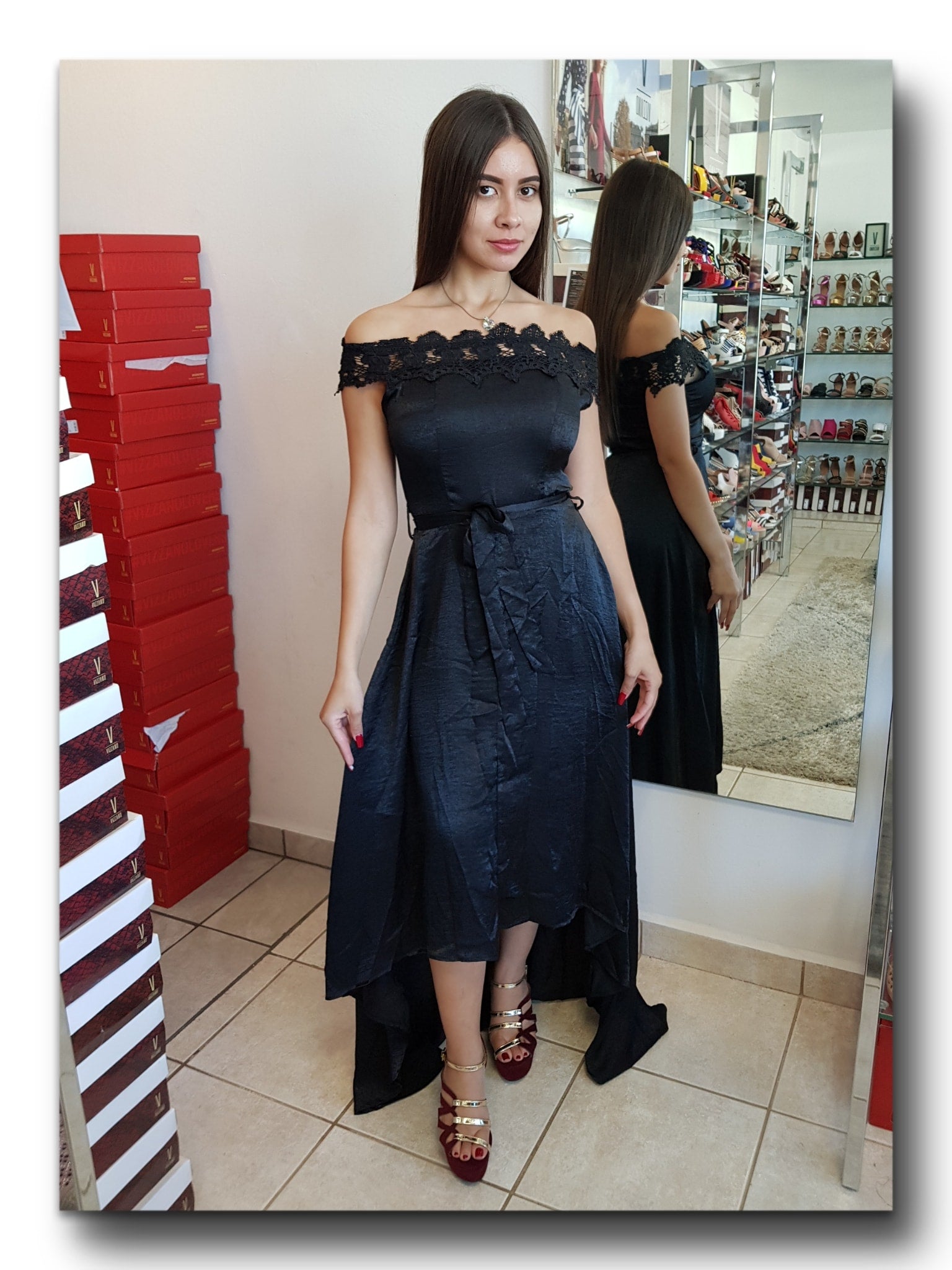 VESTIDO HI LOW OFF SHOULDER SATIN