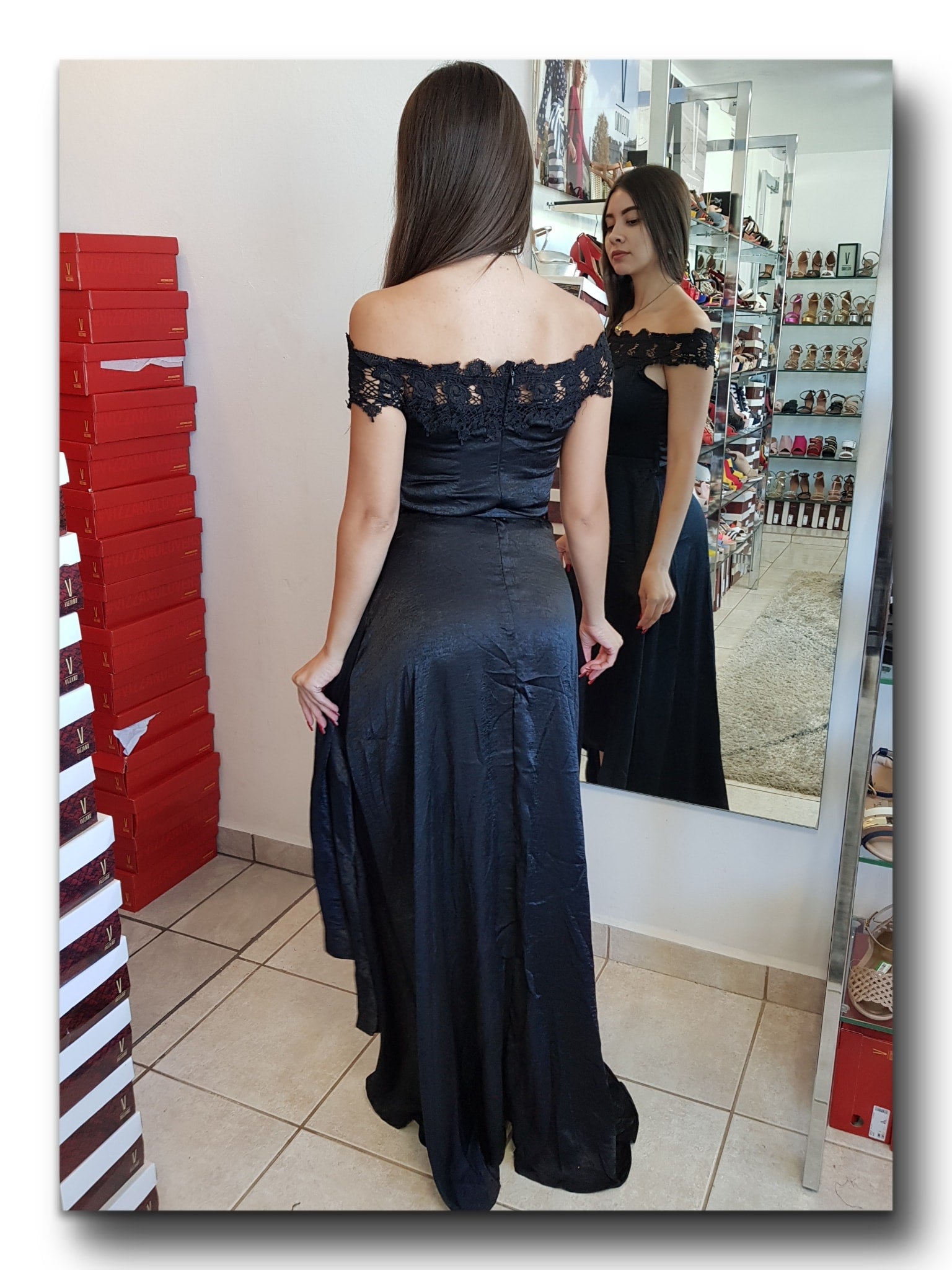 VESTIDO HI LOW OFF SHOULDER SATIN