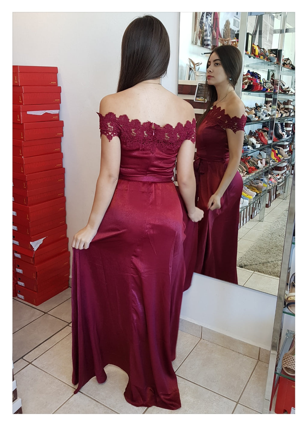 VESTIDO HI LOW OFF SHOULDER SATIN