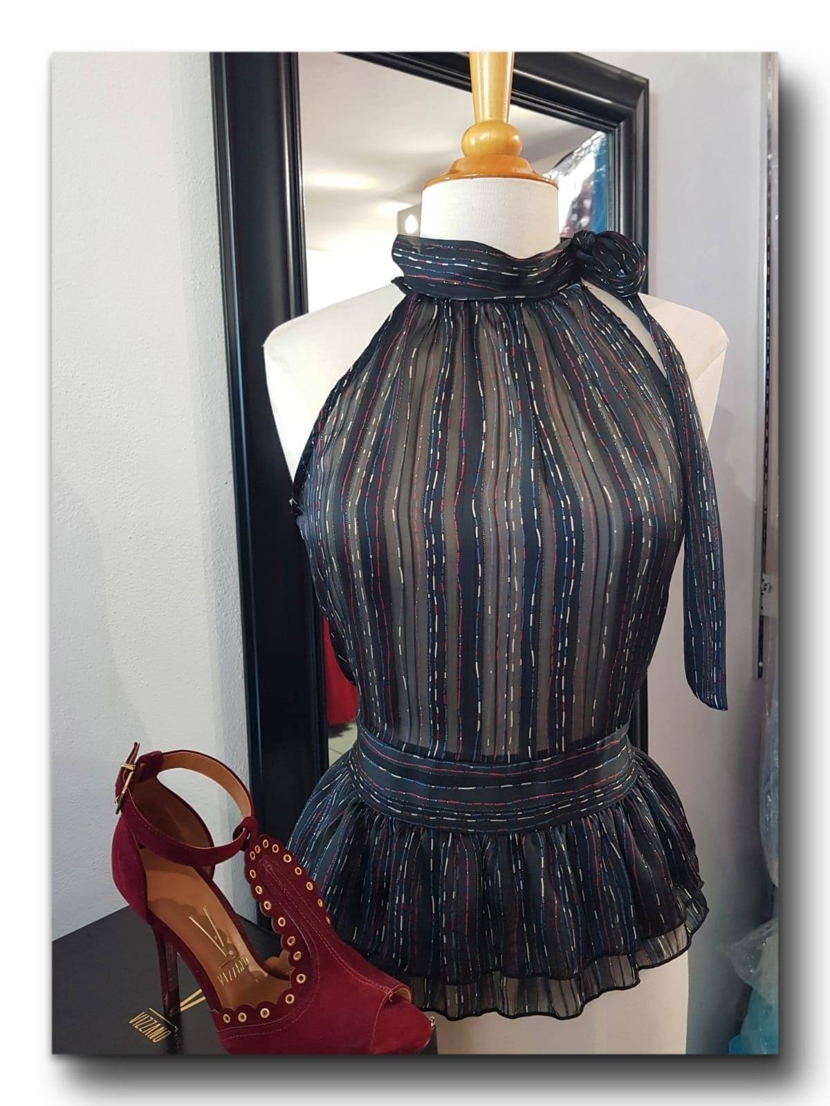 TOP HALTER PEPLUM DE RAYAS Y DESTELLO DE BRILLO