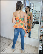 BLUSA DE CUADRO TROPICAL ASIMETRICA