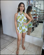Set Pantalon Corto y Top Halter Estampado hojas Azul Claro y Amarillo