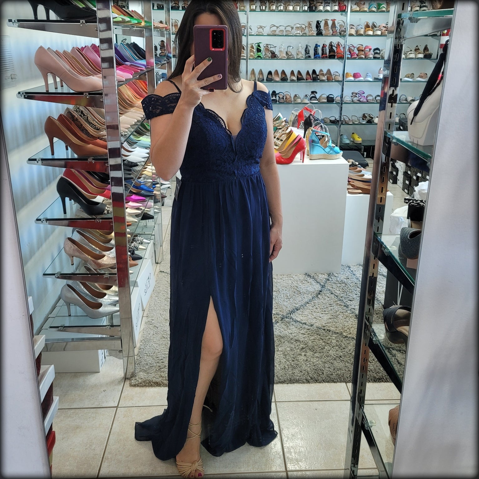 VESTIDO LARGO NAVY OFF SHOULDER ENCAJE