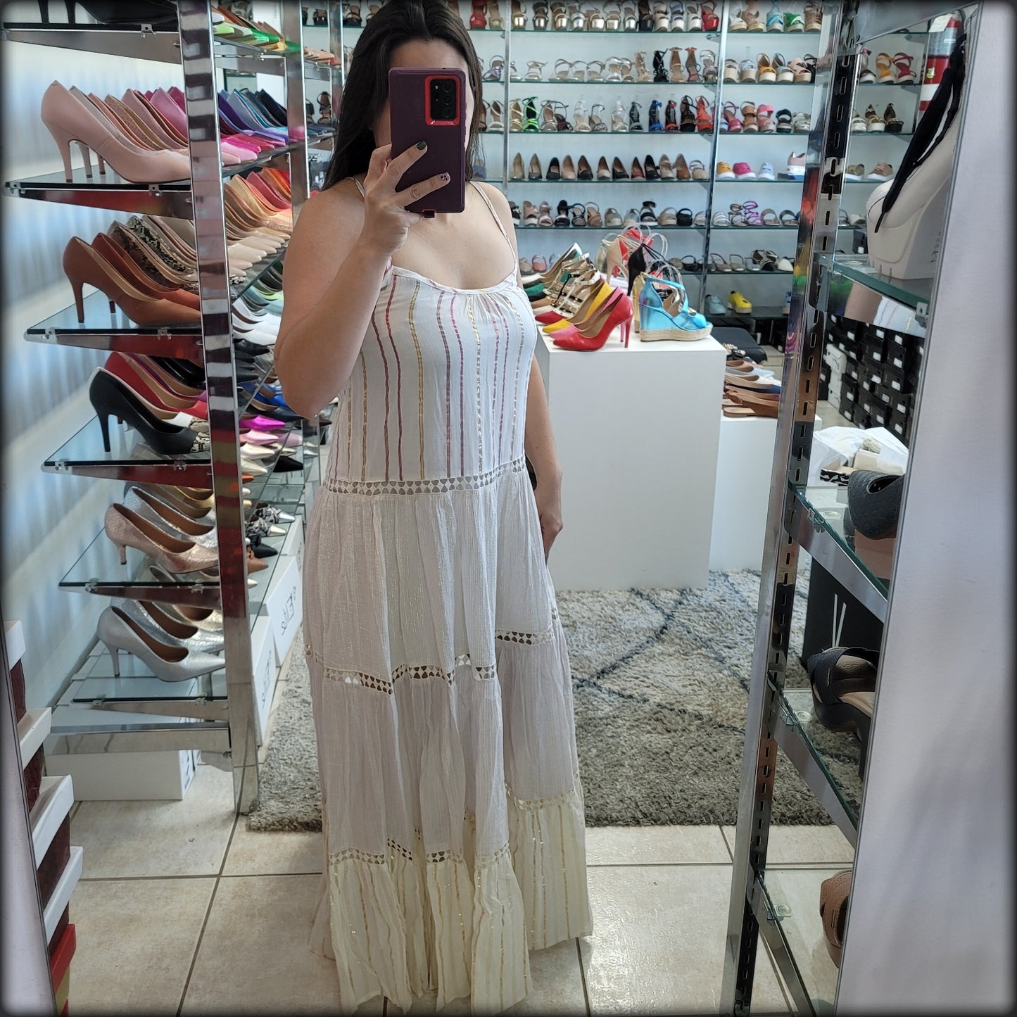 MAXI DRESS IVORY ESTAMPADO RAYAS METALICAS